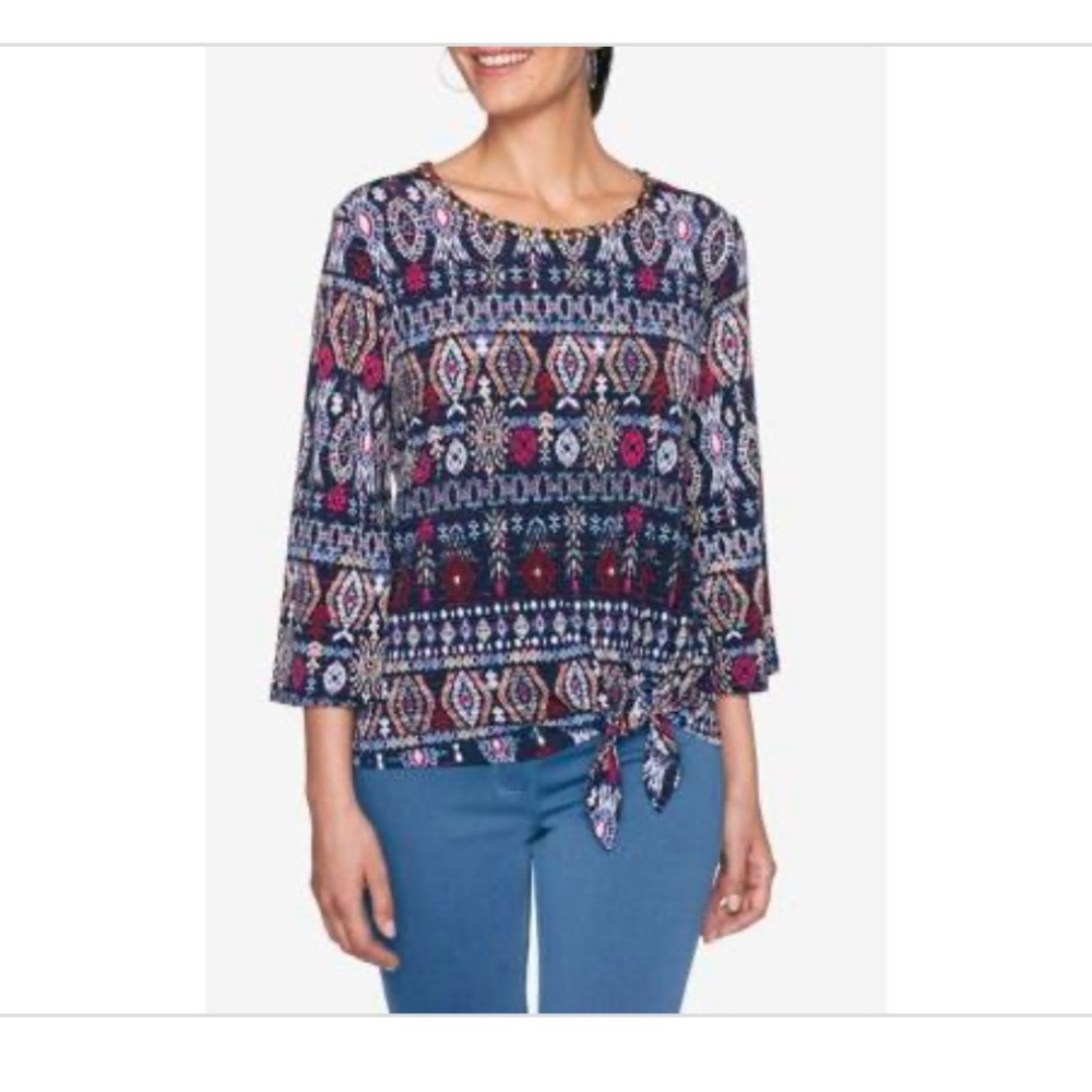 Ruby Rd. NWT Women’s Embellished Ikat Striped Top with Side Knot Size Large